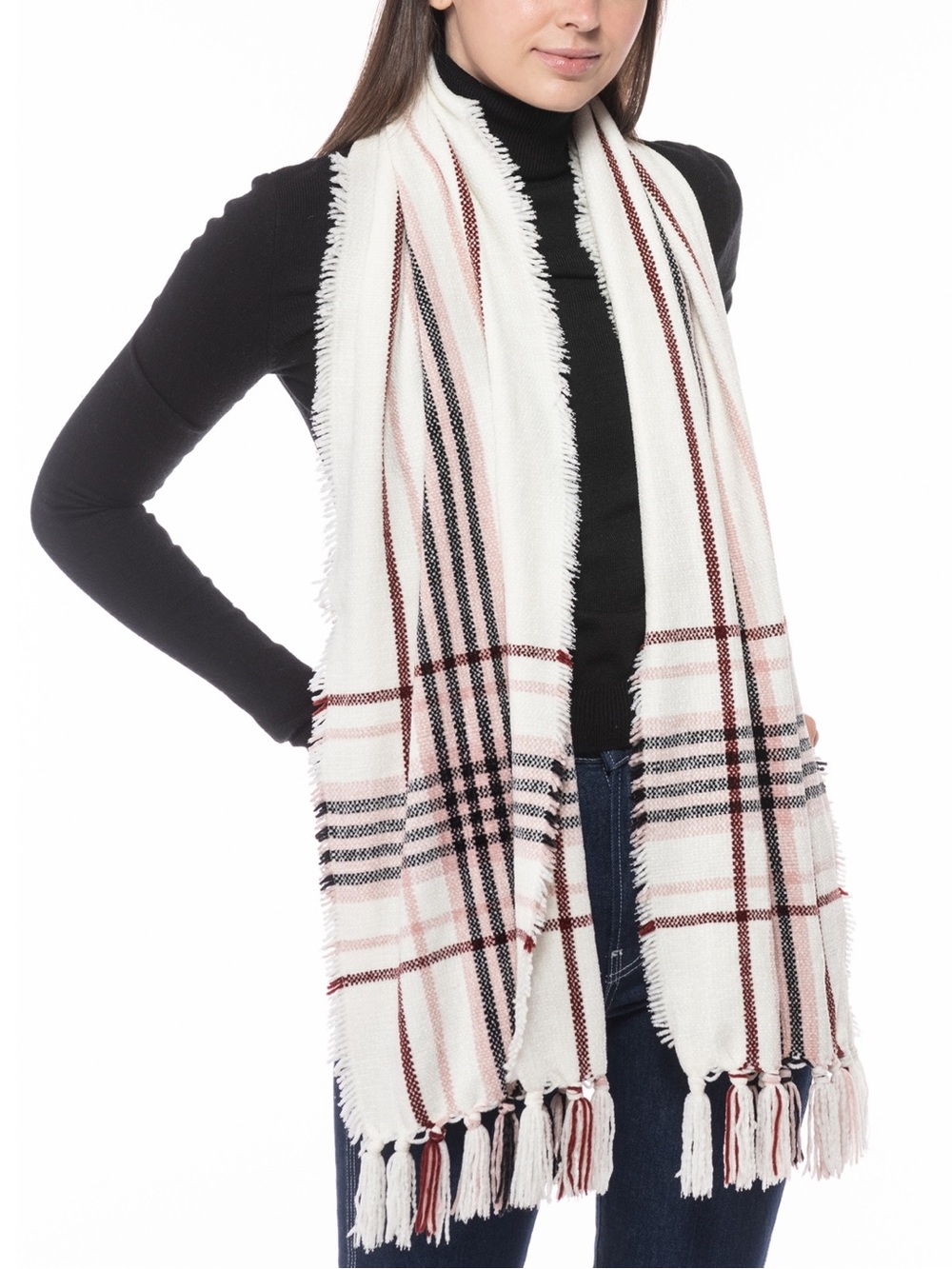 Charter Club White Plaid Fringe Scarf with Pink & Black Stripes